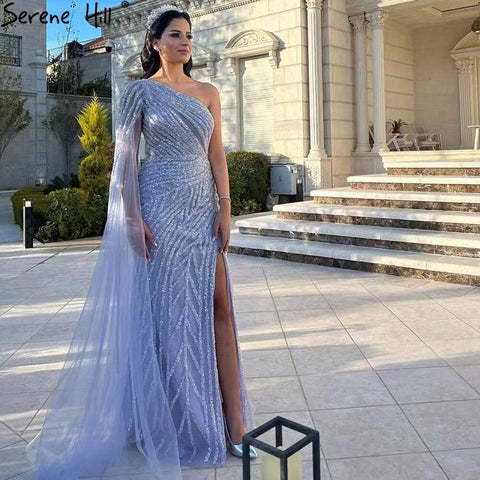 Lilac High Split Mermaid Elegant Sexy One Shoulder Evening Dresses Gowns Luxury Beaded 2025 For Women Party LA71493