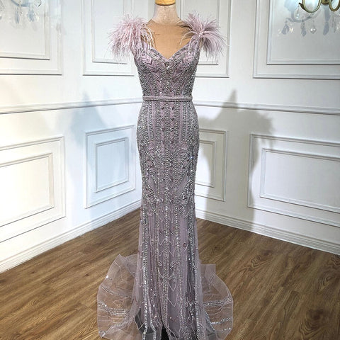 Lilac Luxury Beaded Mermaid Evening Dress Gown with Feathers LA70830
