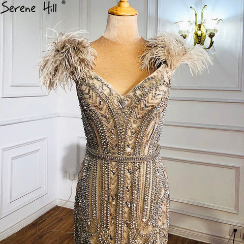 Lilac Luxury Beaded Mermaid Evening Dress Gown with Feathers LA70830