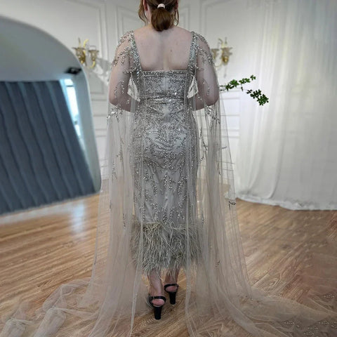 Lilac Mermaid Ankle Length Feather Beaded Luxury Evening Dress Gown with Cape LA71841