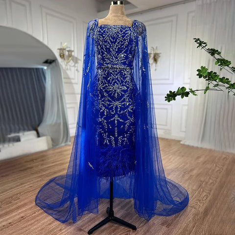 Lilac Mermaid Ankle Length Feather Beaded Luxury Evening Dress Gown with Cape LA71841