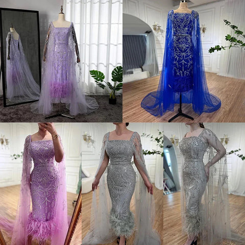 Lilac Mermaid Ankle Length Feather Beaded Luxury Evening Dress Gown with Cape LA71841