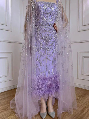 Lilac Mermaid Ankle Length Feather Beaded Luxury Evening Dress Gown with Cape LA71841