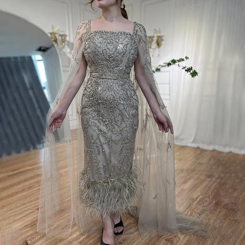 Lilac Mermaid Ankle Length Feather Beaded Luxury Evening Dress Gown with Cape LA71841