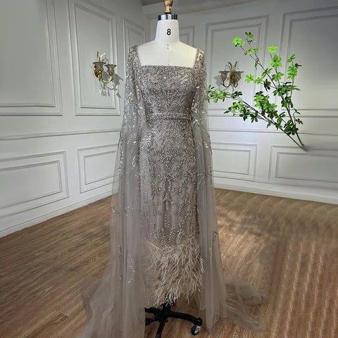 Lilac Mermaid Ankle Length Feather Beaded Luxury Evening Dress Gown with Cape LA71841