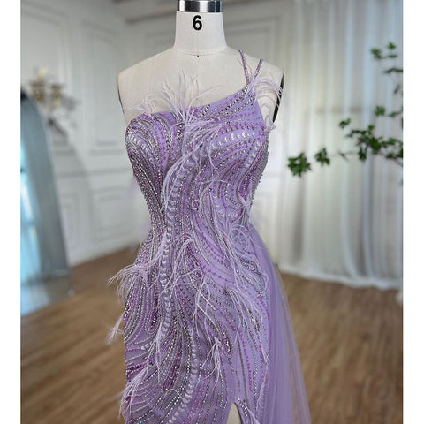 Lilac Mermaid Elegant One Shoulder Feathers Beaded Luxury Evening Dresses Gowns 2025 For Women Wedding Party LA72154