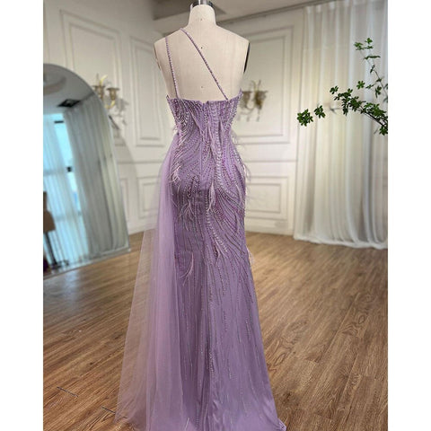 Lilac Mermaid Elegant One Shoulder Feathers Beaded Luxury Evening Dresses Gowns 2025 For Women Wedding Party LA72154