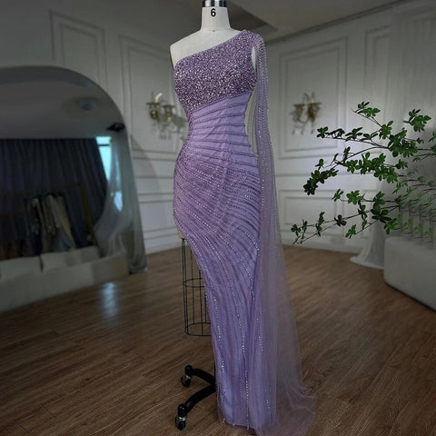 Lilac Mermaid Elegant One Shoulder Sexy High Split Beaded Evening Dresses Gowns 2025 For Women Wedding Party LA72215