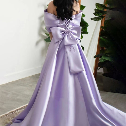 Elegant Off Shoulder Lilac Evening Dress with Overskirt LA72075