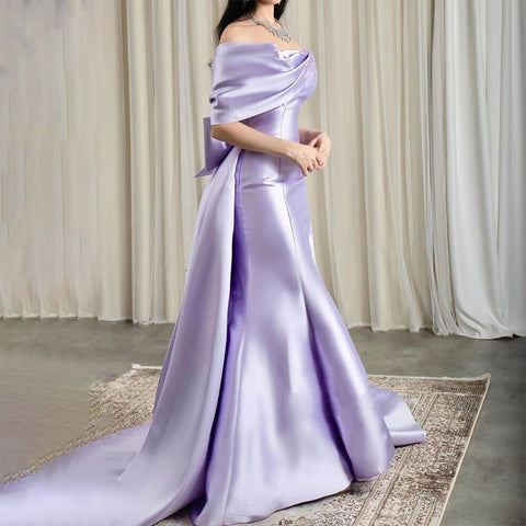 Elegant Off Shoulder Lilac Evening Dress with Overskirt LA72075