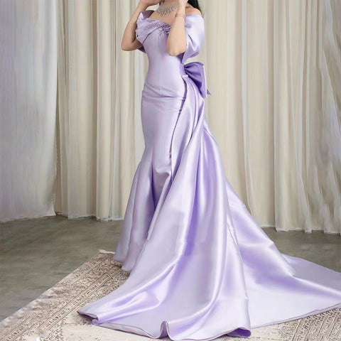 Elegant Off Shoulder Lilac Evening Dress with Overskirt LA72075