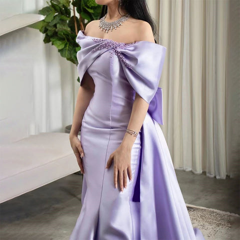 Elegant Off Shoulder Lilac Evening Dress with Overskirt LA72075