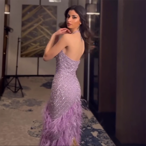 Feathers Lilac Evening Dresses Elegant Halter LA72056