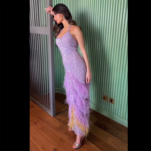Feathers Lilac Evening Dresses Elegant Halter LA72056