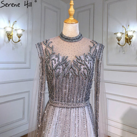 Luxury A-Line Silver Evening Dresses Gowns 2025 Beaded Cape Sleeve For Woman Party  LA71443