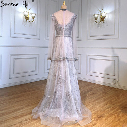 Luxury A-Line Silver Evening Dresses Gowns 2025 Beaded Cape Sleeve For Woman Party  LA71443