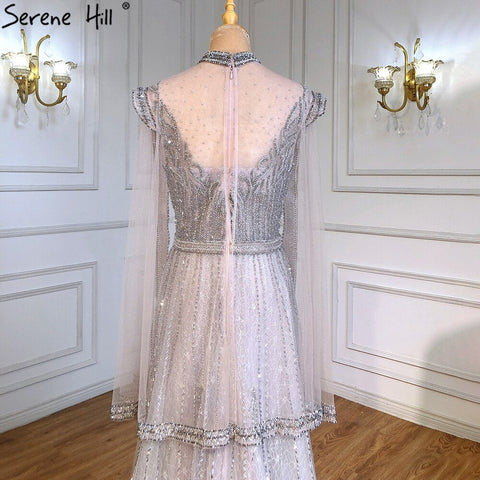 Luxury A-Line Silver Evening Dresses Gowns 2025 Beaded Cape Sleeve For Woman Party  LA71443