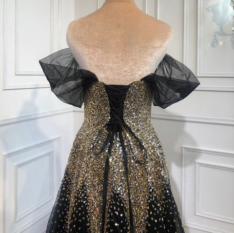 Vestidos de noche de lujo en negro y dorado, corte A, 2025, con cuentas brillantes, sexys, para mujer, vestido de fiesta LA70838 