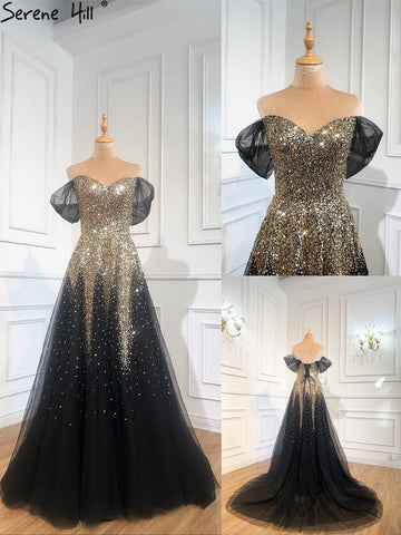 Vestidos de noche de lujo en negro y dorado, corte A, 2025, con cuentas brillantes, sexys, para mujer, vestido de fiesta LA70838 