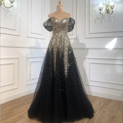 Vestidos de noche de lujo en negro y dorado, corte A, 2025, con cuentas brillantes, sexys, para mujer, vestido de fiesta LA70838 