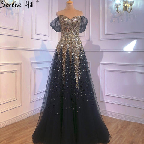 Vestidos de noche de lujo en negro y dorado, corte A, 2025, con cuentas brillantes, sexys, para mujer, vestido de fiesta LA70838 