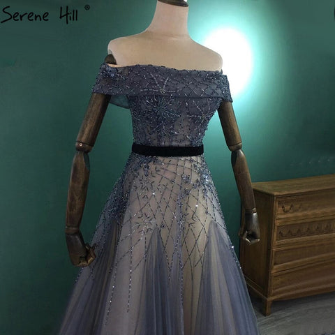 Vestidos de noche azules de lujo, corte A, con cuentas y hombros descubiertos, para mujer, fiesta, LA71192 