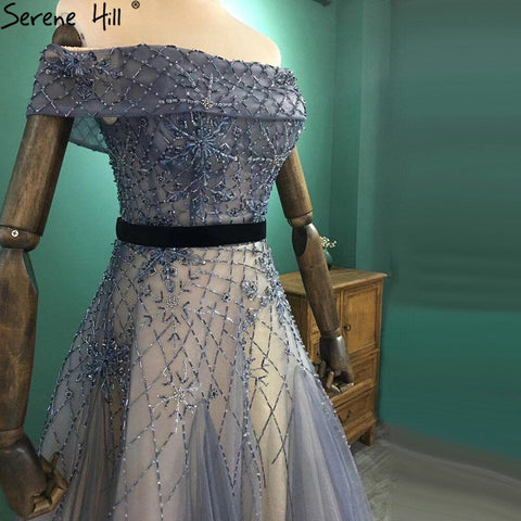 Vestidos de noche azules de lujo, corte A, con cuentas y hombros descubiertos, para mujer, fiesta, LA71192 