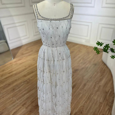 Vestidos de noche blancos de lujo de Dubái con cristales para mujer, vestidos de novia con escote cuadrado y corte midi, vestidos formales para fiesta de graduación LA72473 