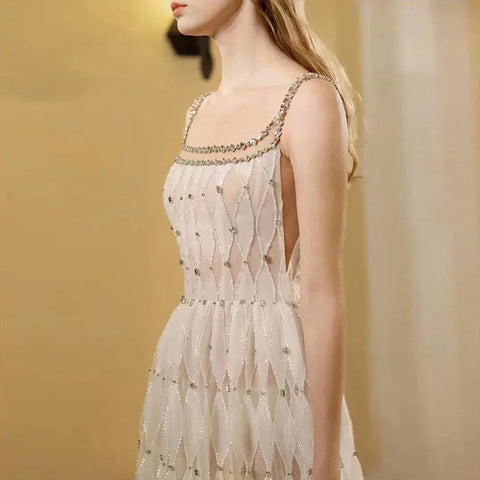 Vestidos de noche blancos de lujo de Dubái con cristales para mujer, vestidos de novia con escote cuadrado y corte midi, vestidos formales para fiesta de graduación LA72473 