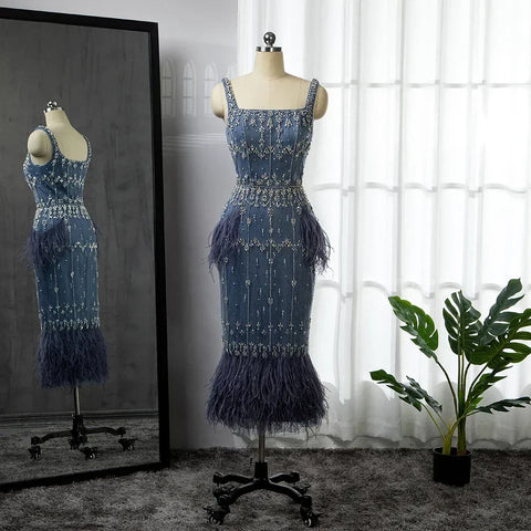 Luxury Crystal Feathers Blue Lace Midi Arabic Evening Dress Gown LA71492A