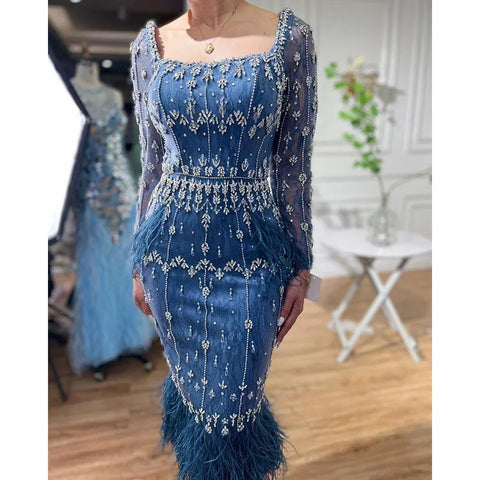 Luxury Crystal Feathers Blue Lace Midi Arabic Evening Dress Gown LA71492A