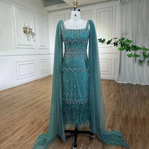 Luxury Crystal Feathers Blue Lace Midi Arabic Evening Dress Gown LA71492A