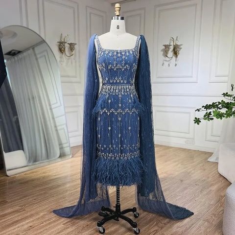 Luxury Crystal Feathers Blue Lace Midi Arabic Evening Dress Gown LA71492A