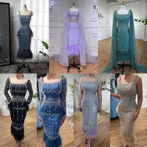Luxury Crystal Feathers Blue Lace Midi Arabic Evening Dress Gown LA71492A