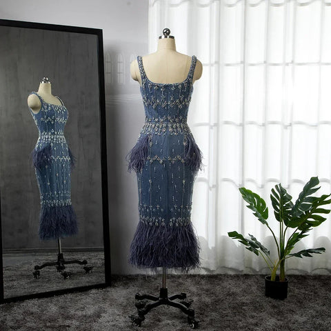 Luxury Crystal Feathers Blue Lace Midi Arabic Evening Dress Gown LA71492A