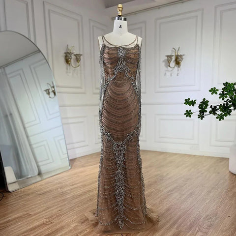 Vestidos de noche de lujo con borlas de cristal color caramelo de Dubái para mujer, vestidos de boda con tirantes finos, vestidos formales de fiesta de graduación LA72468 