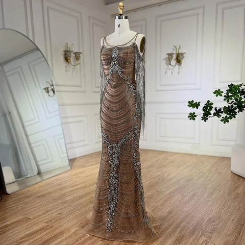 Vestidos de noche de lujo con borlas de cristal color caramelo de Dubái para mujer, vestidos de boda con tirantes finos, vestidos formales de fiesta de graduación LA72468 