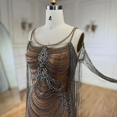 Vestidos de noche de lujo con borlas de cristal color caramelo de Dubái para mujer, vestidos de boda con tirantes finos, vestidos formales de fiesta de graduación LA72468 