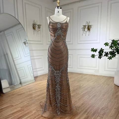 Vestidos de noche de lujo con borlas de cristal color caramelo de Dubái para mujer, vestidos de boda con tirantes finos, vestidos formales de fiesta de graduación LA72468 