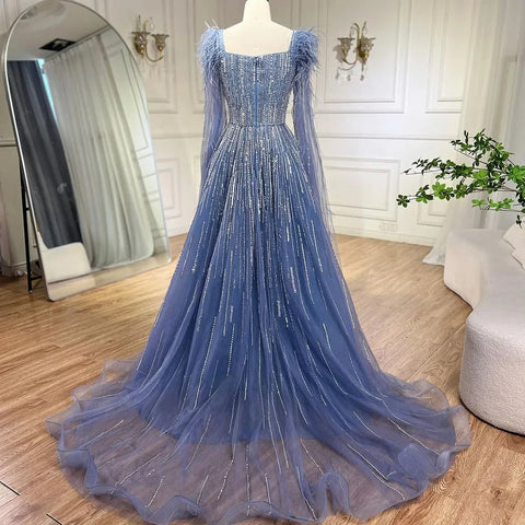 Blue Luxury Feathers Arabic Evening Dresses with Cape LA72236