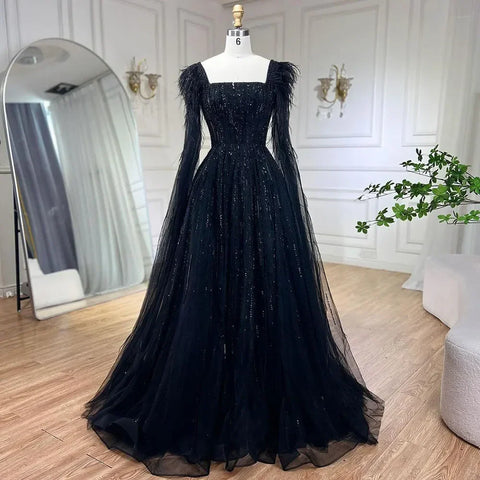 Blue Luxury Feathers Arabic Evening Dresses with Cape LA72236