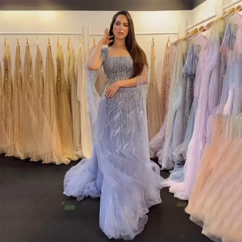 Blue Luxury Feathers Arabic Evening Dresses with Cape LA72236