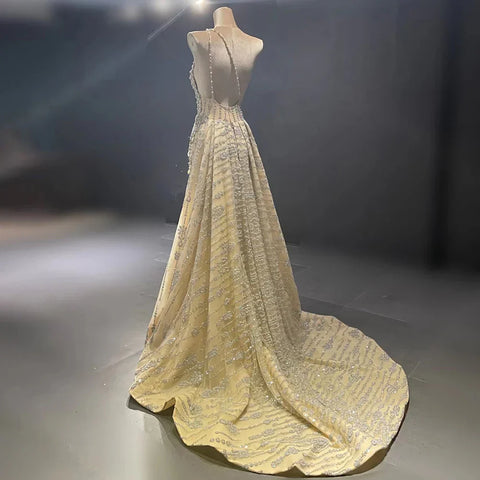 Vestido de noche elegante de sirena de un solo hombro con cuentas color nude de Dubái Arabia para mujer, fiesta de boda LA71538 