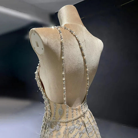 Vestido de noche elegante de sirena de un solo hombro con cuentas color nude de Dubái Arabia para mujer, fiesta de boda LA71538 