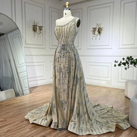 Vestido de noche elegante de sirena de un solo hombro con cuentas color nude de Dubái Arabia para mujer, fiesta de boda LA71538 