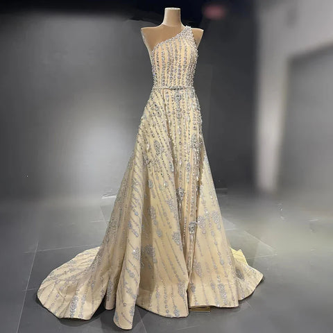 Vestido de noche elegante de sirena de un solo hombro con cuentas color nude de Dubái Arabia para mujer, fiesta de boda LA71538 