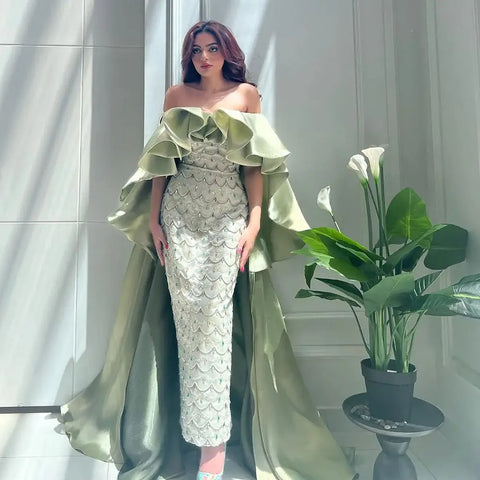 Vestidos de noche de lujo verde salvia de Dubái Arabia con capa y cuentas para mujer, vestido de fiesta de boda 2025 LA72567 