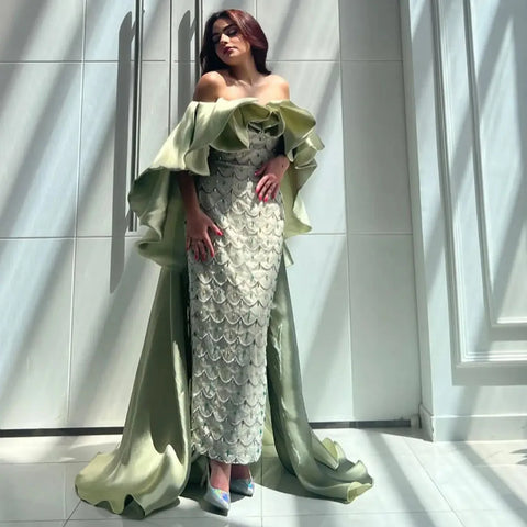 Vestidos de noche de lujo verde salvia de Dubái Arabia con capa y cuentas para mujer, vestido de fiesta de boda 2025 LA72567 