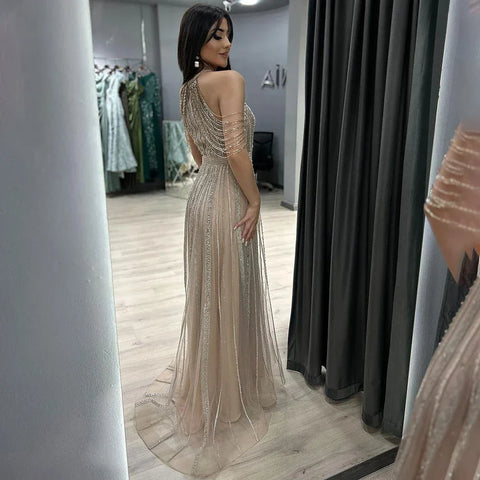 Vestidos de noche formales de lujo de Dubái, corte A, con borlas y cuentas doradas, para mujer, vestidos de fiesta de boda 2025 LA70357 