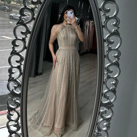 Vestidos de noche formales de lujo de Dubái, corte A, con borlas y cuentas doradas, para mujer, vestidos de fiesta de boda 2025 LA70357 